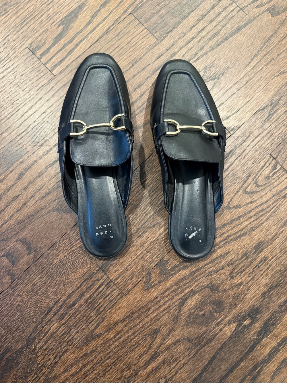 a new day Black Leather Slip-On Horsebit Mules